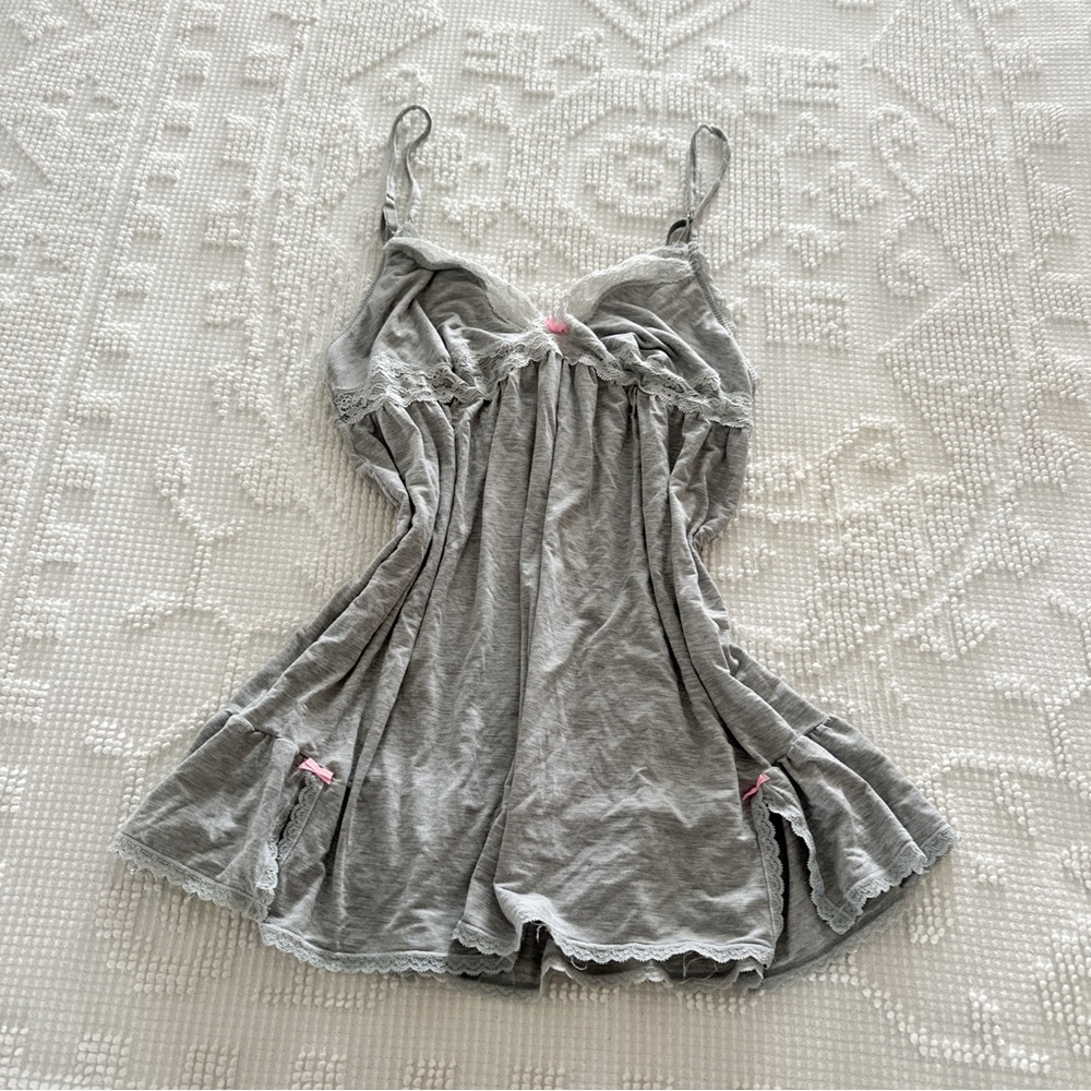 Victoria's Secret Gray Lace-Trim Chemise with Pink Bow Accents